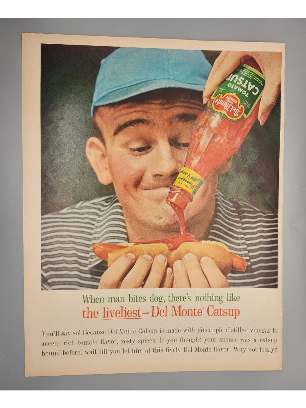 Vintage 1950s Del Monte Catsup Print Ad - Hot Dog Illustration 10.5" x 8" Mid-Ce